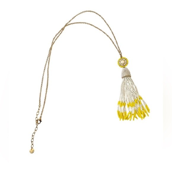 Talbots goldtone chain long necklace white/yellow seed bead circle & tassel - Picture 3 of 11